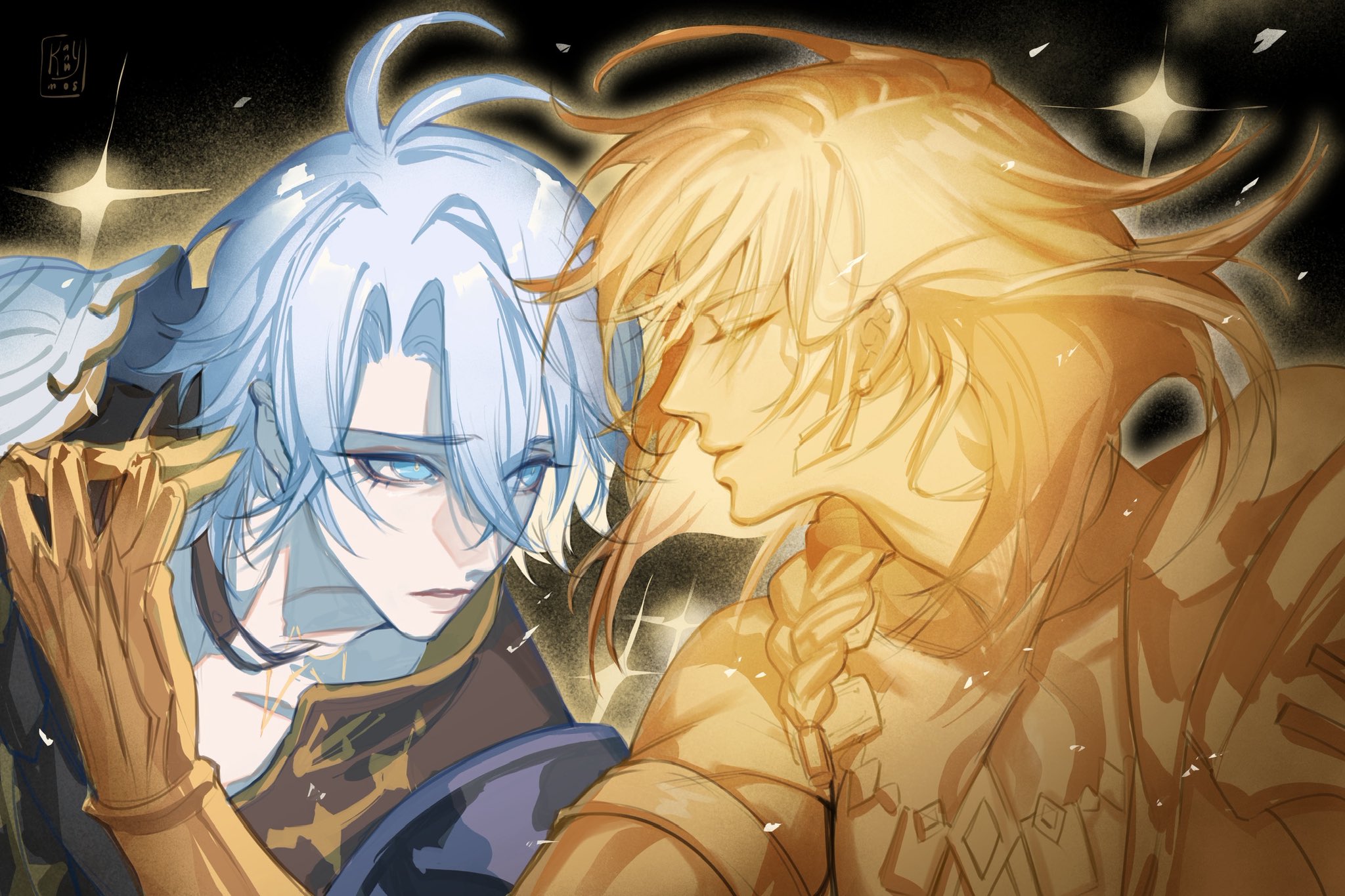 mydei (honkai: star rail), phainon (honkai: star rail), honkai: star rail, honkai (series), commentary, english commentary, highres, 2boys, antenna hair, arm tattoo, armlet, armor, black choker, black shirt, blue eyes, braid, chest tattoo, choker, clawed gauntlets, closed eyes, coat, jewelry, male focus, medium hair, multiple boys, necklace, open clothes, open coat, parted bangs, pauldrons, profile, shirt, short hair, shoulder armor, side braid, single pauldron, spirit, taemansfw, tattoo, white hair, yaoi