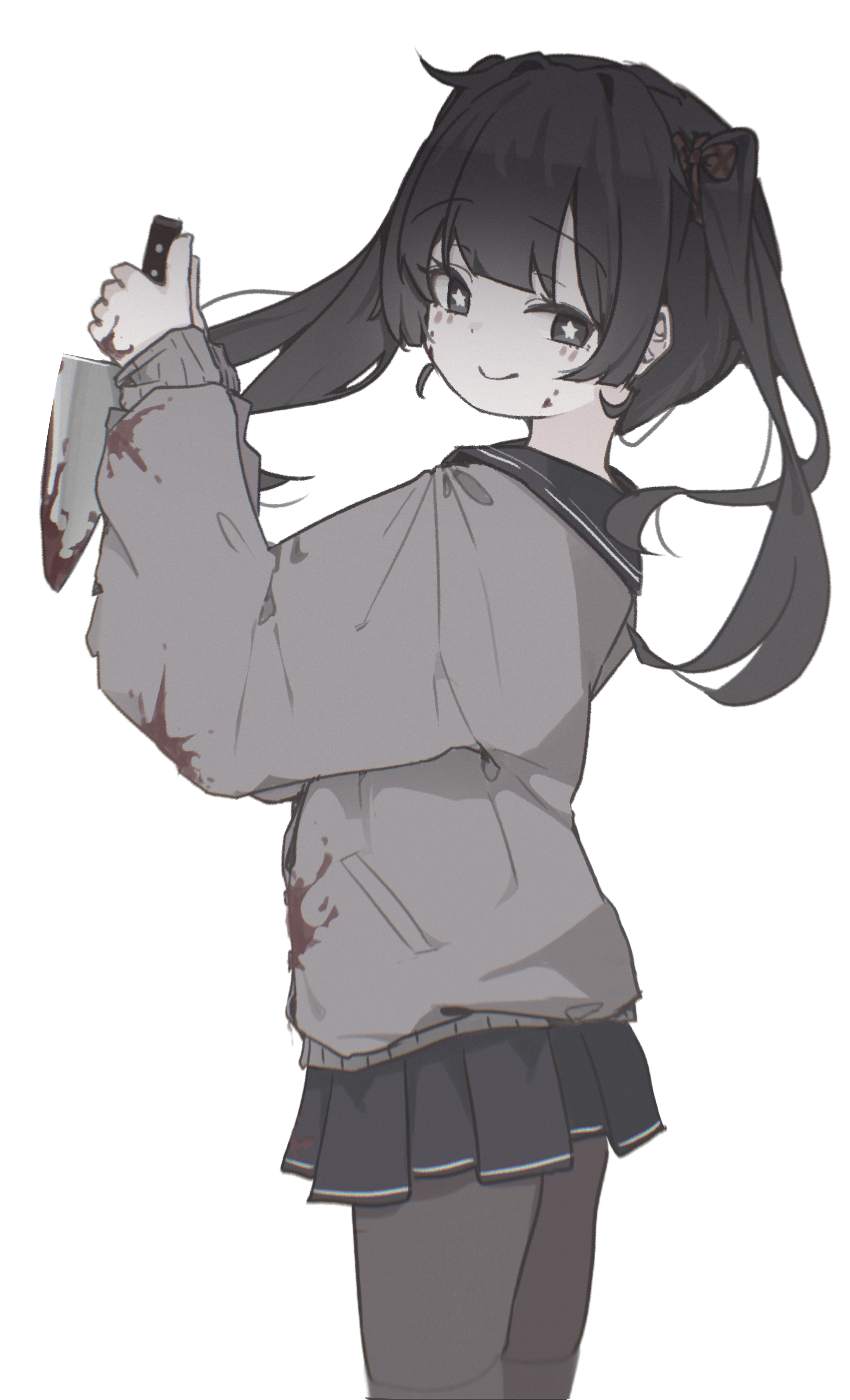 mangotonic, original, absurdres, highres, 1girl, black eyes, black hair, black pantyhose, black skirt, blood, blood on clothes, blood on face, bloody knife, bow, hair bow, holding, holding knife, knife, looking at viewer, pantyhose, school uniform, serafuku, simple background, skirt, smile, solo, twintails, white background, yandere