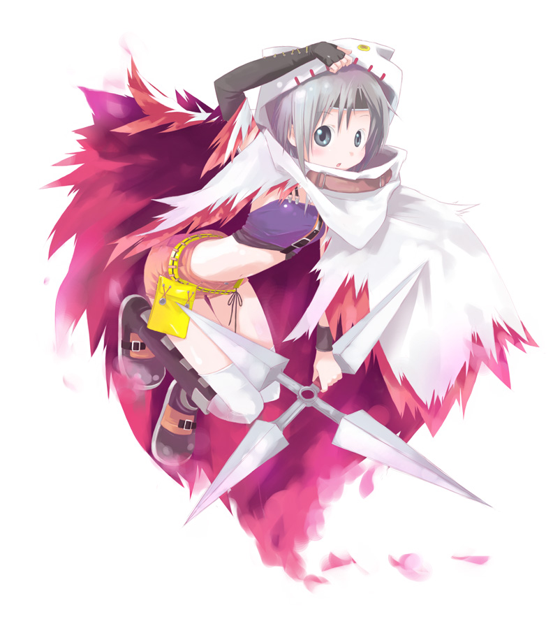shiba yuusuke, yuffie kisaragi, dirge of cerberus final fantasy vii, final fantasy, final fantasy vii, silver hair, 1990s (style), 1girl, :o, arm up, belt, belt pouch, black boots, black gloves, black ribbon, boots, breasts, buckle, crop top, elbow gloves, female focus, fingerless gloves, full body, gloves, headband, holding, holding weapon, jumping, knee boots, kneehighs, looking at viewer, navel, open mouth, polyzm, pouch, retro artstyle, ribbon, short hair, shuriken, simple background, single elbow glove, single fingerless glove, single glove, small breasts, socks, solo, stomach, sweatband, tareme, thighhighs, weapon, white background, white socks