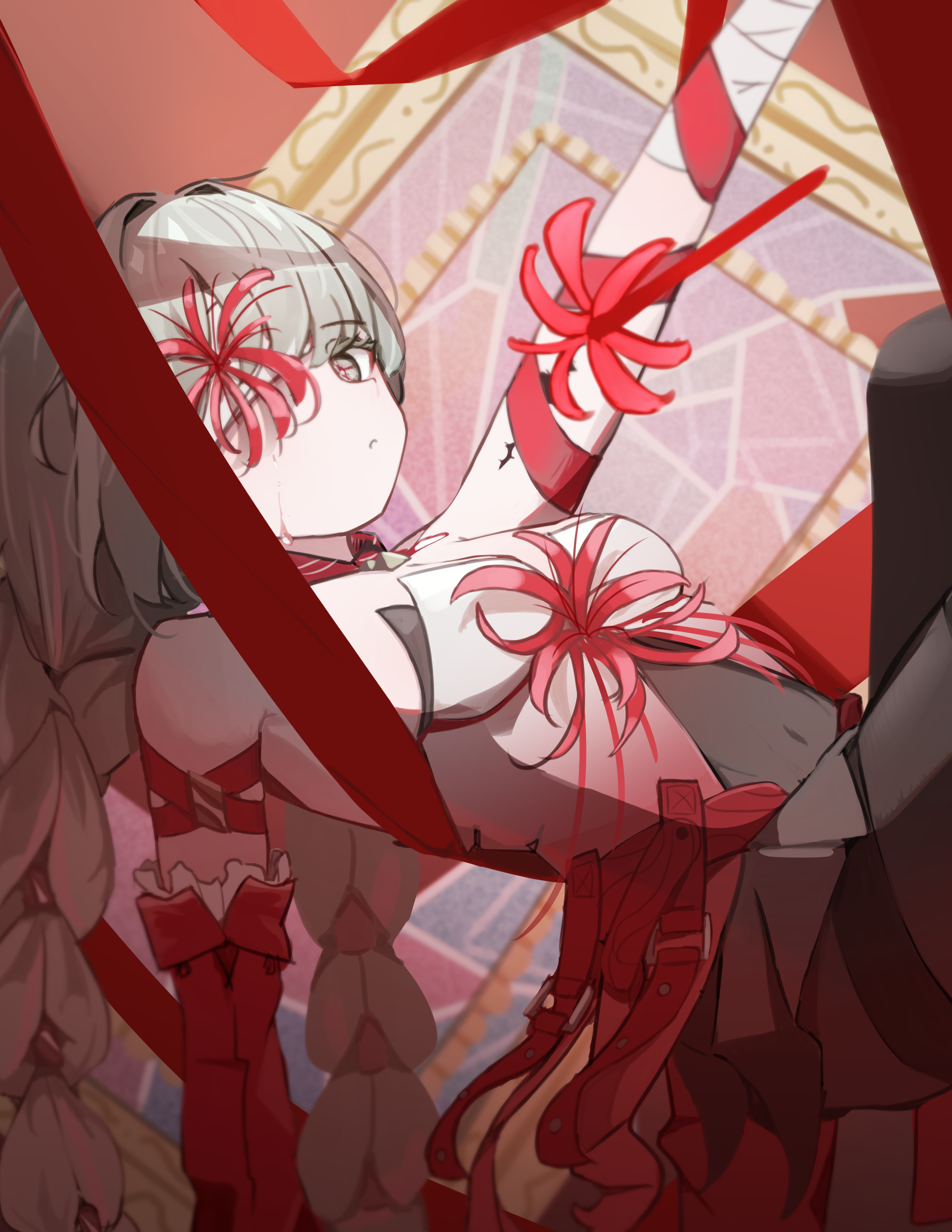 mangotonic, phrolova (wuthering waves), wuthering waves, absurdres, highres, 1girl, bandage over one eye, bandaged arm, bandages, blood, bloody tears, braid, covered navel, detached sleeves, dress, flower, halter dress, halterneck, long hair, loose bandages, low twin braids, red dress, red flower, red petals, red ribbon, ribbon, single detached sleeve, solo, spider lily, tacet mark (wuthering waves), twin braids, very long hair, white hair