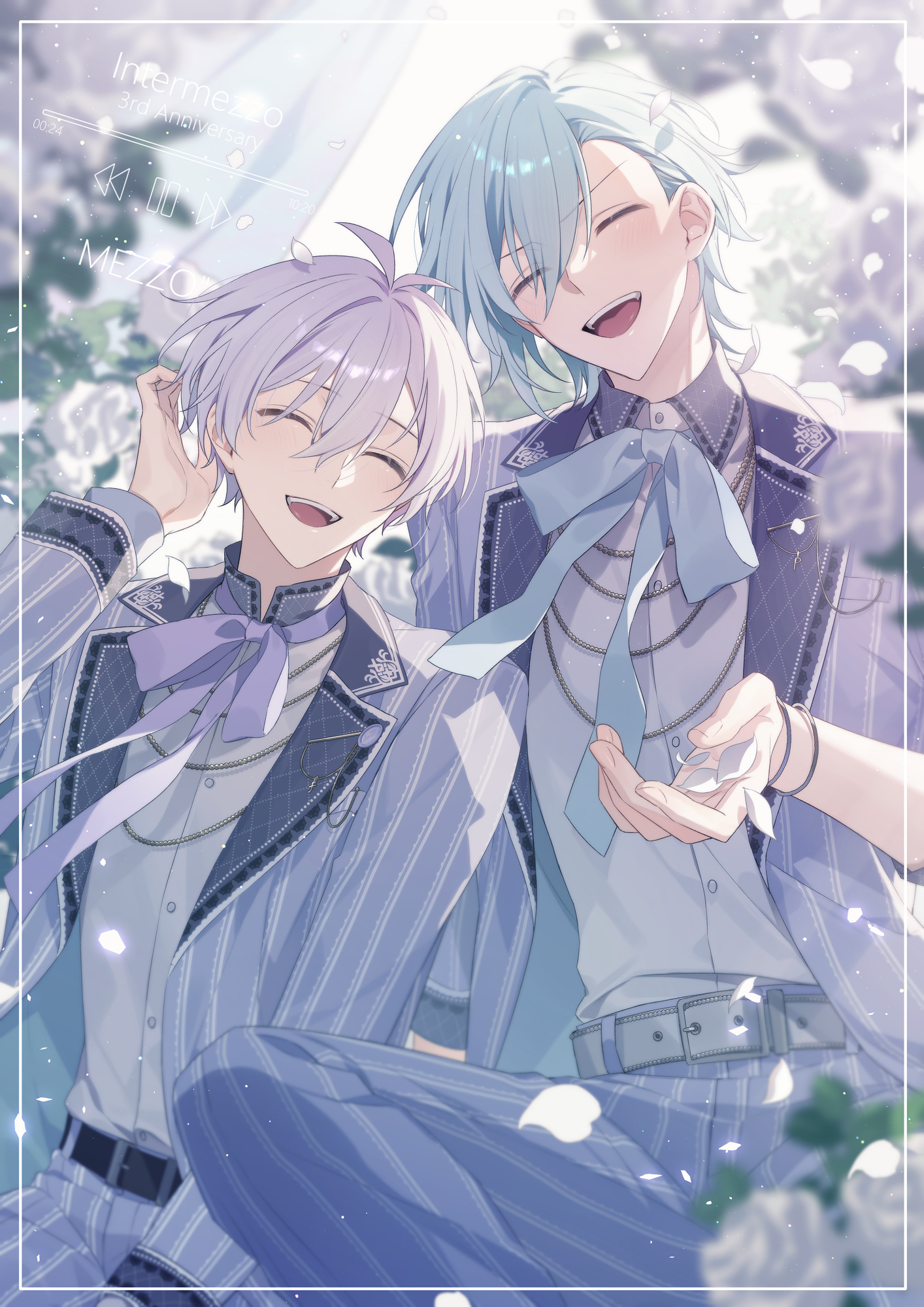 aiue o eiua, osaka sougo, yotsuba tamaki, idolish7, commentary request, highres, 2boys, adjusting hair, ahoge, belt, black belt, blue bow, blue bowtie, blue hair, blurry, blurry background, bow, bowtie, bracelet, closed eyes, english text, flower, hand up, holding, holding petal, jacket, jewelry, long sleeves, male focus, multiple boys, multiple bracelets, multiple necklaces, outdoors, pants, pause button, petals, purple bow, purple bowtie, purple hair, purple jacket, purple pants, rewind button, rose, shirt, short hair, striped clothes, striped jacket, striped pants, teeth, upper teeth only, white belt, white flower, white rose, white shirt
