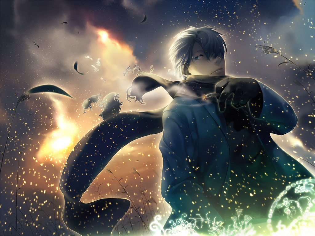simosi, ginko (mushishi), mushishi, 1boy, cigarette, cloud, gloves, green eyes, hair over one eye, male focus, scarf, sky, smoking, solo, walpurgisnacht, white hair
