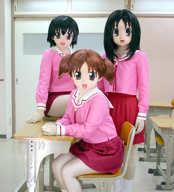 kasuga ayumu, mihama chiyo, takino tomo, azumanga daiou, cosplay photo, photo (medium), 3girls, animegao, asian, cosplay, kigurumi, multiple girls, pleated skirt, school uniform, serafuku, short twintails, skirt, twintails, zentai