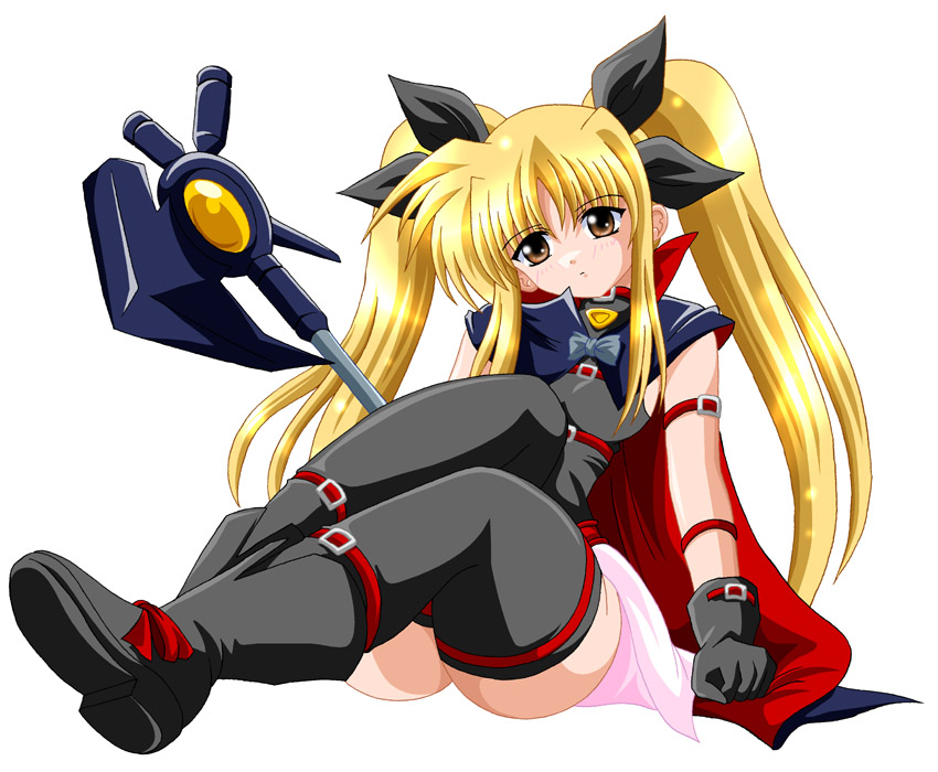 bardiche (device form) (nanoha), bardiche (nanoha), fate testarossa, fate testarossa (original form), lyrical nanoha, mahou shoujo lyrical nanoha, mahou shoujo lyrical nanoha a's, 00s, 1girl, ankle boots, arm belt, axe, belt, black gloves, black thighhighs, blonde hair, blush, boots, brown eyes, female focus, full body, gloves, hair ribbon, head tilt, miniskirt, polearm, ribbon, simple background, sitting, skin tight, skirt, solo, thighhighs, twintails, weapon, white background