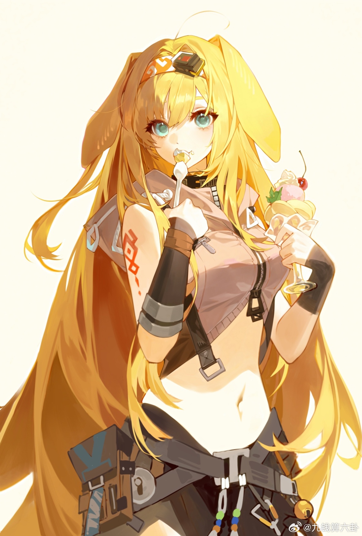 shachang, brigid (arknights), arknights, highres, ahoge, animal ears, aqua eyes, arm guards, arm markings, belt, belt pouch, black belt, black skirt, blonde hair, body markings, cherry, cowboy shot, cropped jacket, cup, dessert, dog ears, dog girl, drinking glass, eating, floppy ears, food, food on face, fruit, hair intakes, hairband, holding, holding cup, holding spoon, hood, hood down, hooded jacket, jacket, long hair, long sidelocks, looking at viewer, midriff, navel, orange hairband, orange jacket, parted bangs, pouch, sidelocks, simple background, skirt, sleeveless, sleeveless jacket, spoon, straight hair, swept bangs, very long hair, watermark, weibo username, weibo watermark, yellow background, zipper