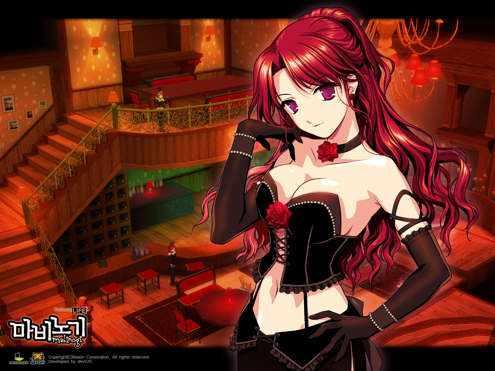 rua, mabinogi, highres, official art, official wallpaper, 1girl, black gloves, choker, elbow gloves, female focus, flower, gloves, hand on own hip, korean text, navel, purple eyes, red eyes, red hair, rose, solo, stairs