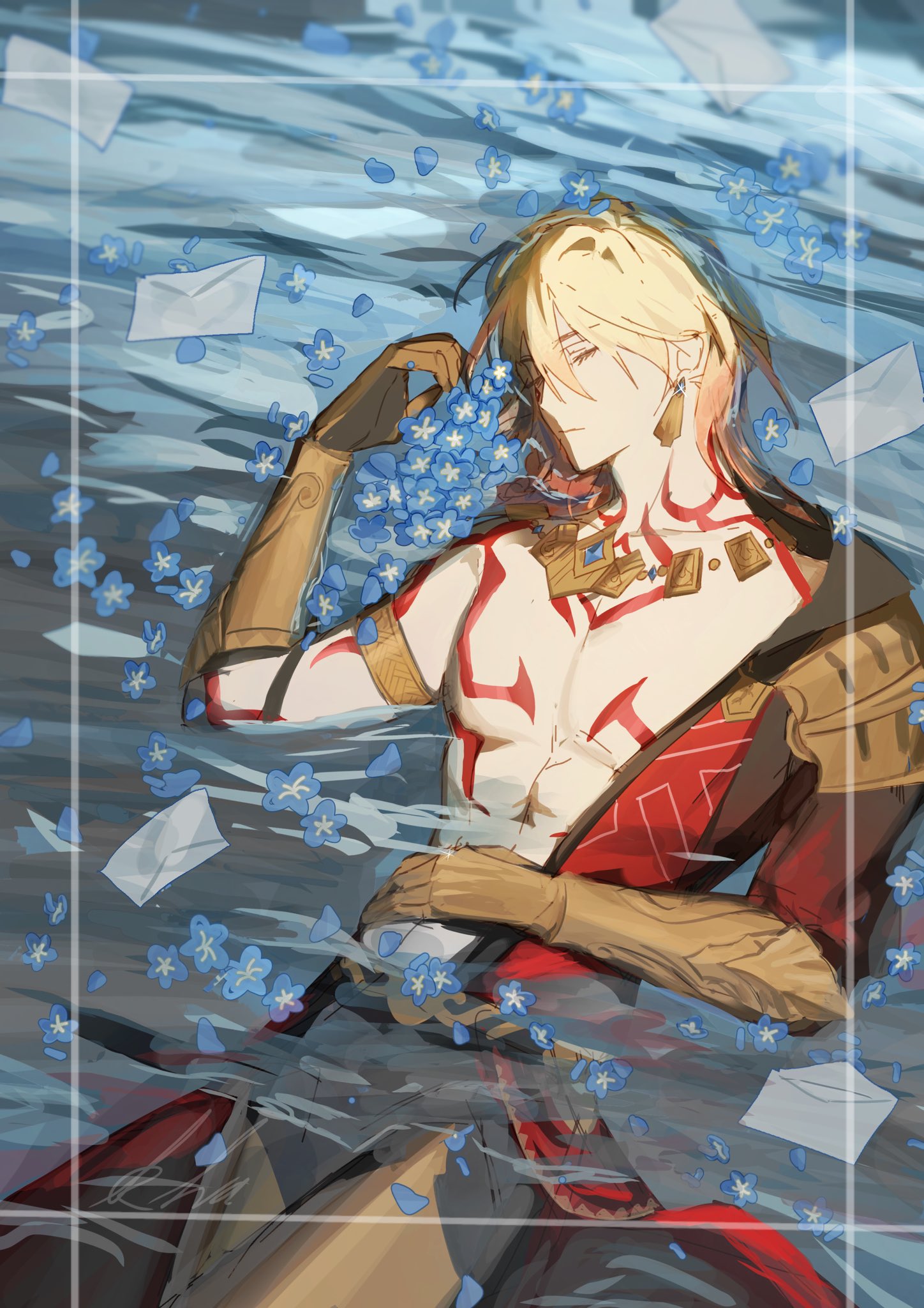 mydei (honkai: star rail), honkai: star rail, honkai (series), commentary, english commentary, highres, 1boy, afloat, arm tattoo, armlet, armor, black coat, black pants, blonde hair, braid, chest tattoo, clawed gauntlets, closed eyes, coat, earrings, facial tattoo, gold earrings, gold necklace, gradient hair, hair between eyes, jewelry, khakha240478476, male focus, medium hair, multicolored hair, necklace, open clothes, open coat, pants, partially submerged, pauldrons, red hair, red tattoo, shoulder armor, side braid, single pauldron, solo, tattoo, toned, toned male