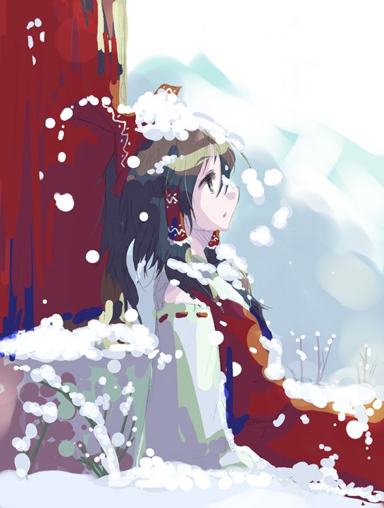 takanashi akihito, hakurei reimu, perfect cherry blossom, touhou, 1girl, brown eyes, brown hair, female focus, short hair, sitting, snow, snowing, solo