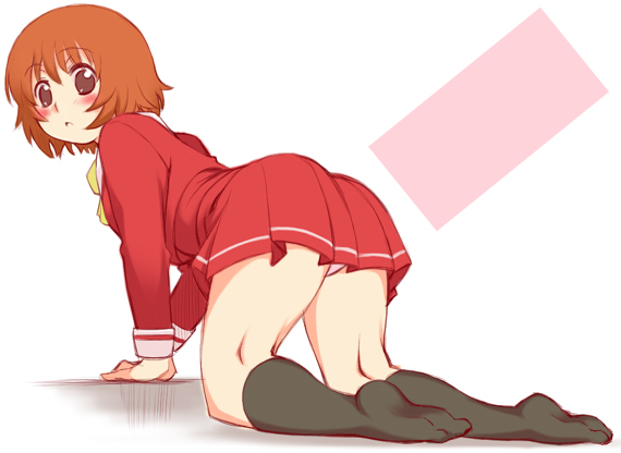 seki suzume, osaragi hazumu, kashimashi, 00s, 1girl, all fours, ass, black socks, feet, female focus, kneehighs, miniskirt, panties, pantyshot, pleated skirt, school uniform, serafuku, skirt, socks, soles, solo, underwear, white background