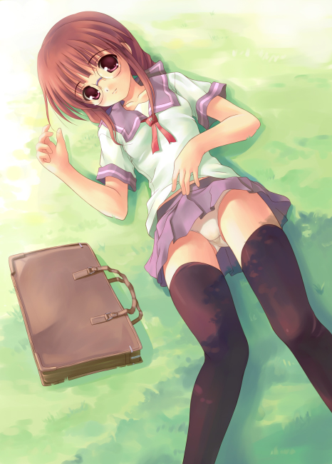akamaru, original, duplicate, 1girl, bag, black thighhighs, blush, brown eyes, brown hair, female focus, glasses, long hair, lying, miniskirt, on back, panties, pantyshot, pleated skirt, ribbon, school bag, school uniform, serafuku, skirt, solo, thighhighs, underwear, upskirt, white panties