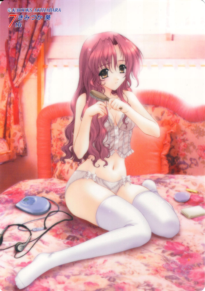 kimizuka aoi, original, scan, 1girl, bed, bedroom, bow, bow panties, breasts, brown eyes, brushing, brushing hair, brushing own hair, bustier, card (medium), cd player, cd walkman, cleavage, curly hair, female focus, hair brush, headphones, indoors, lingerie, long hair, medium breasts, navel, no shoes, on bed, orange eyes, panties, phonecard, pillow, pink hair, red hair, sitting, small breasts, smile, solo, text focus, thighhighs, underwear, underwear only, wariza, wavy hair, white panties, white thighhighs, yellow eyes
