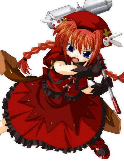 graf eisen, vita (nanoha), lyrical nanoha, mahou shoujo lyrical nanoha, mahou shoujo lyrical nanoha a's, 00s, 1girl, beret, black gloves, blue eyes, blush, bow, braid, capelet, cross, cross print, dress, female focus, gloves, hair between eyes, hair ornament, hammer, hat, holding, holding weapon, long hair, open mouth, orange hair, rabbit hair ornament, red dress, simple background, solo, twin braids, very long hair, weapon, white background