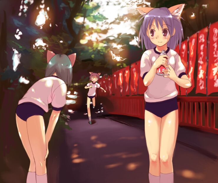 matsuzaki yutaka, white legwear, 3girls, animal ears, bent over, blush, bottle, brown hair, buruma, cat ears, closed mouth, dappled sunlight, day, dot nose, green hair, gym uniform, hands on own knees, holding, holding bottle, legs together, medium hair, multiple girls, open mouth, outdoors, purple hair, running, short hair, socks, standing, sunlight, thighs, tree