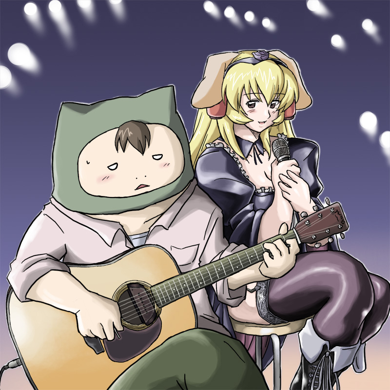 daiginjou, eigyouseki, futaba channel, 1boy, 1girl, acoustic guitar, blonde hair, blush, breasts, garter belt, garter straps, gradient background, guitar, indoors, instrument, large breasts, lingerie, long hair, microphone, open mouth, simple background, sitting, smile, stool, thighhighs, underwear