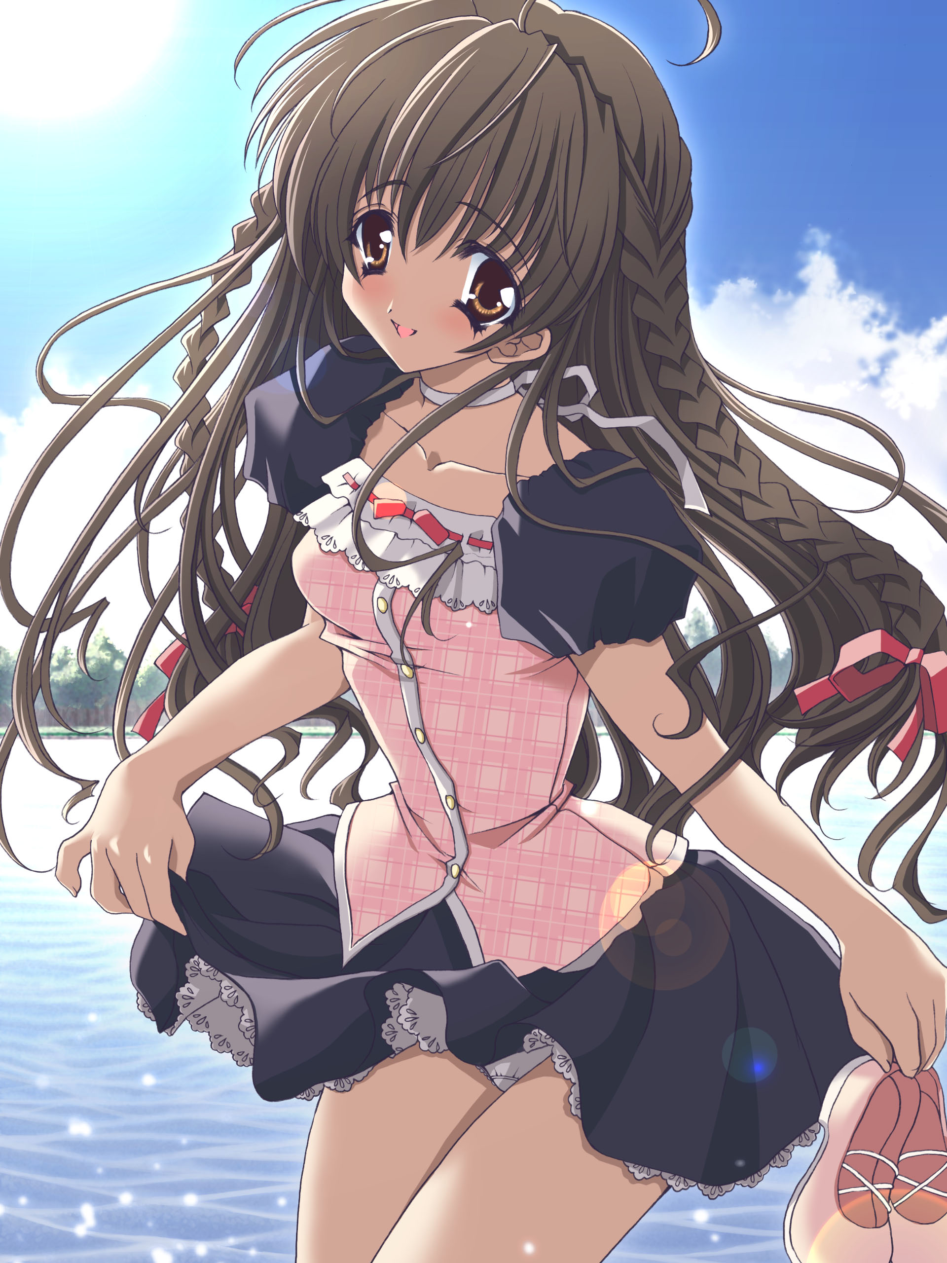 karen (sister princess), sister princess, absurdres, highres, 00s, 1girl, blouse, blush, braid, brown eyes, brown hair, choker, clothes lift, female focus, hair ribbon, holding, holding shoes, holding unworn clothes, lace, lace-trimmed panties, lace trim, lifting own clothes, lingerie, long hair, miniskirt, panties, petticoat, ribbon, shirt, shoes, skirt, skirt lift, solo, tress ribbon, underwear, unworn shoes, upskirt, water, white panties