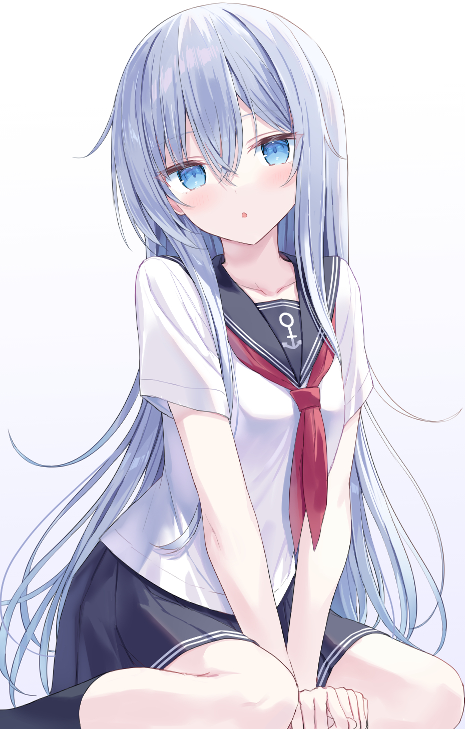 shikuro (iorimiyakiyo), hibiki (kancolle), kantai collection, commentary request, highres, 1girl, anchor print, between legs, black socks, blue eyes, blue sailor collar, blue skirt, blush, collarbone, crossed bangs, double-parted bangs, feet out of frame, hair between eyes, hand between legs, kneehighs, long hair, long sidelocks, looking at viewer, neckerchief, open mouth, pleated skirt, red neckerchief, sailor collar, shirt, short sleeves, sidelocks, simple background, sitting, skirt, socks, solo, very long hair, white background, white hair, white shirt