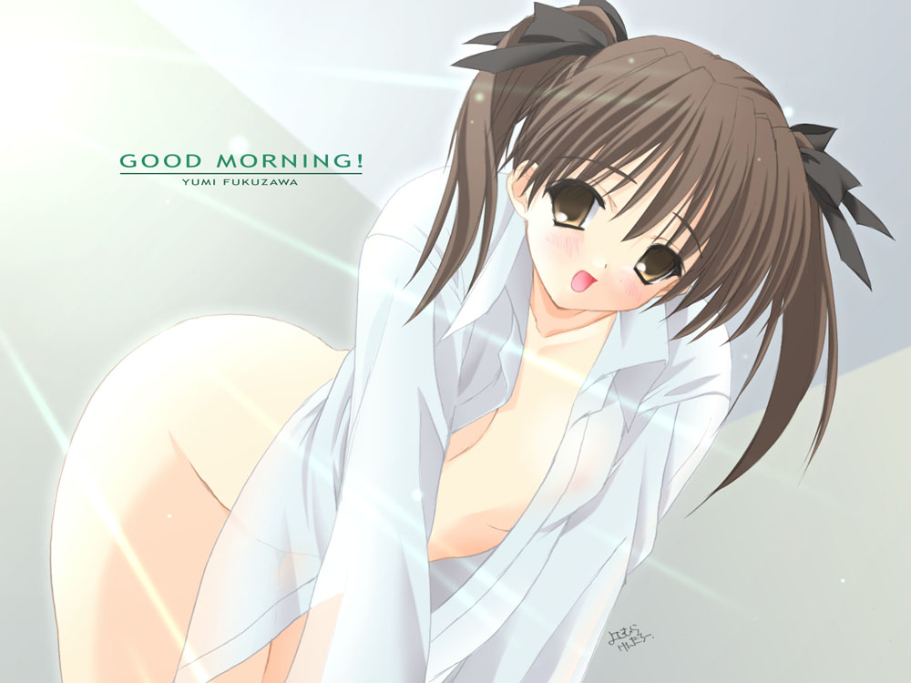fukuzawa yumi, maria-sama ga miteru, 00s, no bra, no panties, open clothes, open shirt, shirt, solo, twintails