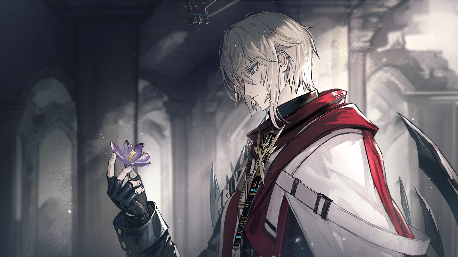 executor (arknights), executor the ex foedere (arknights), arknights, game cg, highres, official art, third-party source, 1boy, black gloves, black halo, black jacket, black wings, blonde hair, blue eyes, cloak, closed mouth, crystal wings, detached wings, fingerless gloves, flower, from side, gloves, halo, hand up, holding, holding flower, jacket, long sleeves, looking at flowers, looking down, male focus, profile, purple flower, radio antenna, red scarf, scarf, short hair, single sidelock, solo, upper body, white cloak, wings