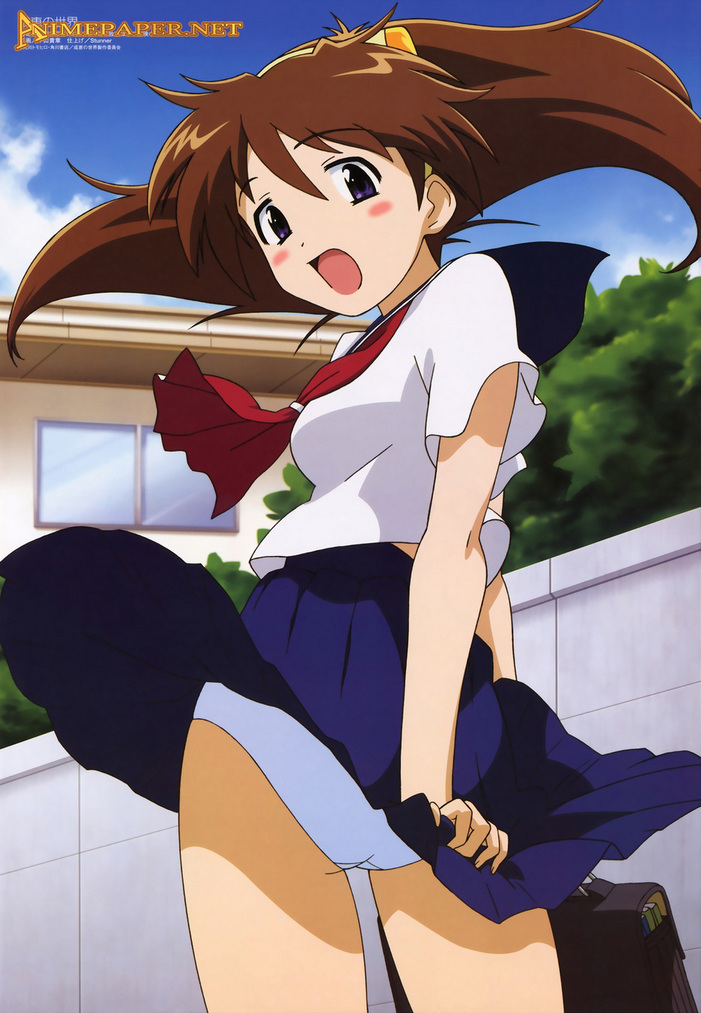 hirayama takaaki, nanase narue, narue no sekai, 1girl, back, bag, blue eyes, blush, brown hair, covering ass, covering privates, female focus, looking back, miniskirt, neckerchief, panties, pantyshot, pleated skirt, school bag, school uniform, serafuku, skirt, skirt tug, solo, standing, underwear, upskirt, watermark, white panties, wind, wind lift
