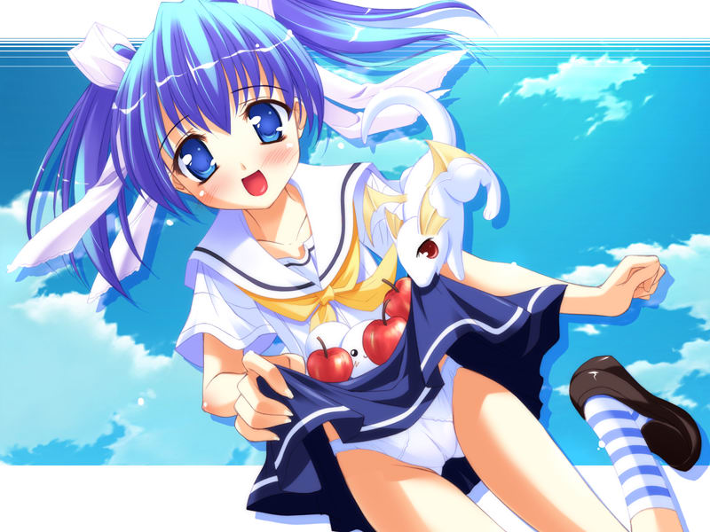 tenmaso, rea teata, cradle song, creson, striped, game cg, 1girl, apple, blue eyes, blue hair, clothes lift, dragon, dutch angle, female focus, food, fruit, lifting own clothes, loli, matching hair/eyes, panties, school uniform, serafuku, skirt, skirt basket, skirt lift, socks, solo, underwear, upskirt