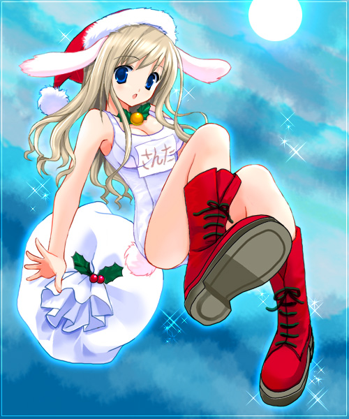 toudou shimako, maria-sama ga miteru, 00s, 1girl, animal ears, blue eyes, boots, christmas, female focus, hat, one-piece swimsuit, rabbit ears, sack, santa hat, school swimsuit, solo, swimsuit, tail, white one-piece swimsuit, white school swimsuit
