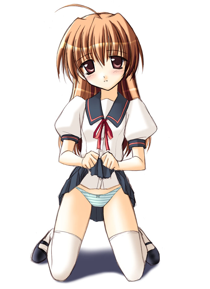 white legwear, ahoge, blouse, blush, bow, bow panties, brown eyes, brown hair, green panties, kneeling, long hair, mary janes, panties, pleated skirt, ribbon, school uniform, serafuku, shoes, skirt, skirt lift, thighhighs, underwear