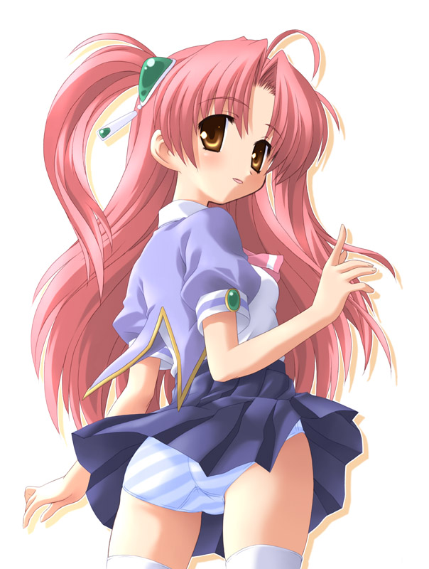 aoi kumiko, miyama yuuna, maburaho, 00s, 1girl, back, blouse, blue panties, female focus, from behind, hair ornament, jacket, looking back, miniskirt, panties, pantyshot, pink hair, pleated skirt, ribbon, school uniform, serafuku, shirt, side ponytail, skirt, solo, standing, striped clothes, striped panties, thighhighs, underwear, upskirt, white thighhighs, yellow eyes