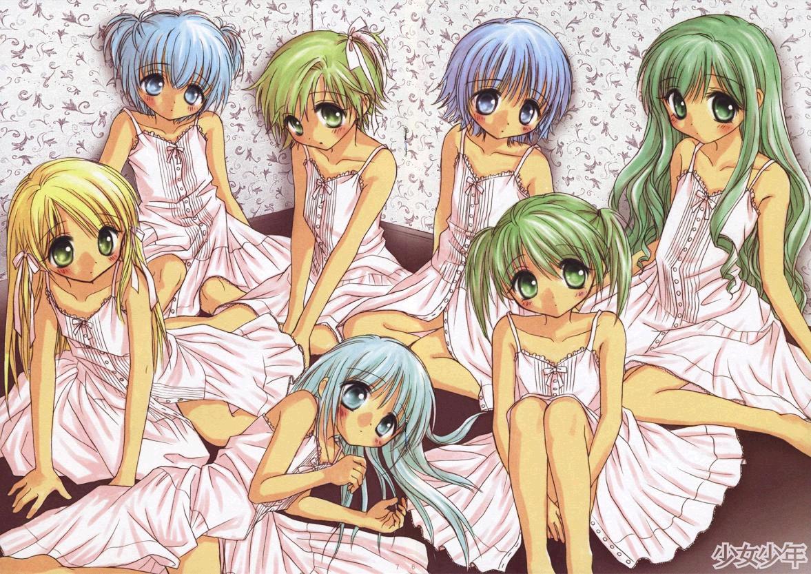 yabuuchi yuu, shoujo shounen, 6+boys, bare legs, bare shoulders, blonde hair, blue eyes, blue hair, blush, camisole, collarbone, dress, everyone, green eyes, green hair, hair bun, hair ribbon, indoors, loli, long hair, looking at viewer, male focus, multiple boys, nightgown, ribbon, single hair bun, trap, two side up, very long hair