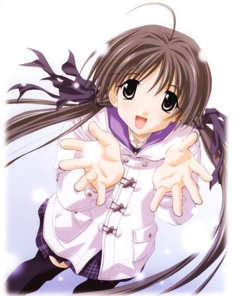 shirakawa hotaru, memories off, 1girl, :d, ahoge, black eyes, black thighhighs, brown hair, buttons, coat, dutch angle, female focus, hair ribbon, long hair, looking at viewer, open mouth, outstretched arms, plaid clothes, plaid skirt, purple skirt, reaching, reaching towards viewer, ribbon, skirt, smile, snow, snowing, solo, thighhighs, twintails, winter clothes, winter coat, zettai ryouiki