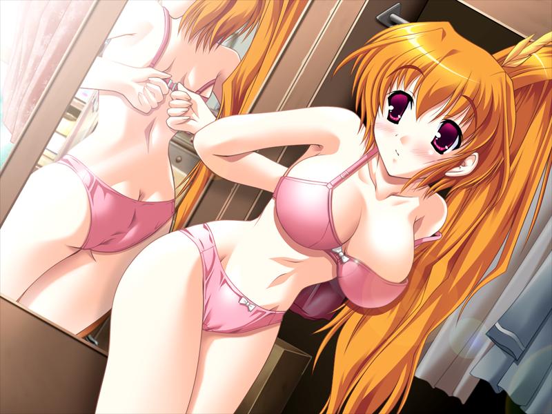 yameta takashi, lovely pop tail, game cg, 1girl, armpits, ass, back, blush, bow, bow panties, bra, breasts, breasts apart, butt crack, cleavage, cowboy shot, day, dressing, female focus, from side, hair between eyes, high ponytail, indoors, large breasts, leaning forward, legs together, lingerie, long hair, mirror, orange hair, panties, ponytail, red eyes, red hair, red panties, reflection, solo, standing, strap slip, thighs, underwear, underwear only, very long hair