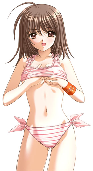 nishimata aoi, shuffle!, 00s, 1girl, bikini, breasts, brown eyes, brown hair, female focus, medium breasts, pink bikini, short hair, solo, striped bikini, striped clothes, swimsuit, underboob