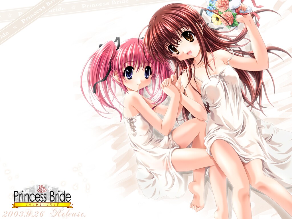 miyama-zero, kashima kiyomi, kishi aimi, princess bride, 2girls, bed, black eyes, bouquet, brown eyes, brown hair, flower, hair ribbon, holding hands, lingerie, lying, multiple girls, nightgown, pink hair, ribbon, twintails, underwear