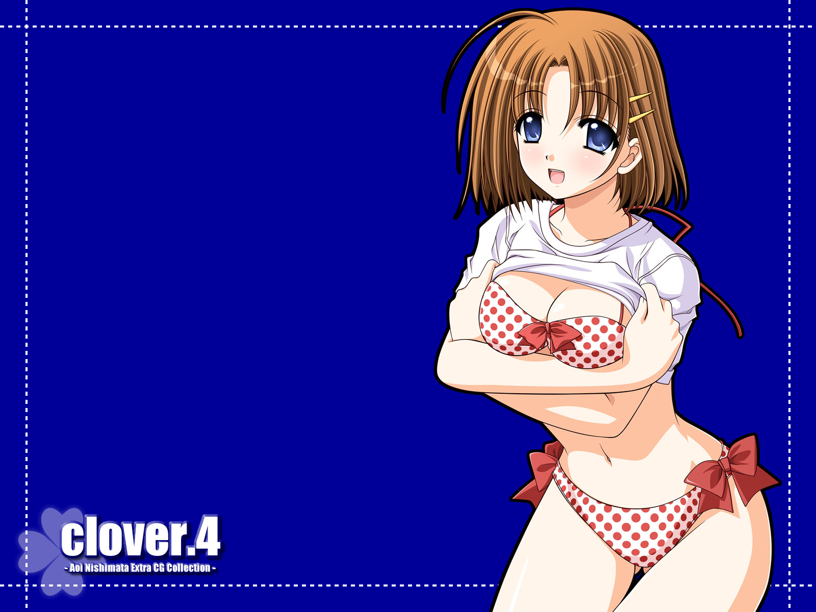 mizutama (artist), nishimata aoi, clover (game cg), highres, 1girl, bikini, bikini under clothes, blue background, bra, clover, female focus, hair ornament, hairclip, lingerie, panties, polka dot, polka dot bikini, polka dot bra, polka dot panties, solo, swimsuit, swimsuit under clothes, underwear, underwear only, undressing