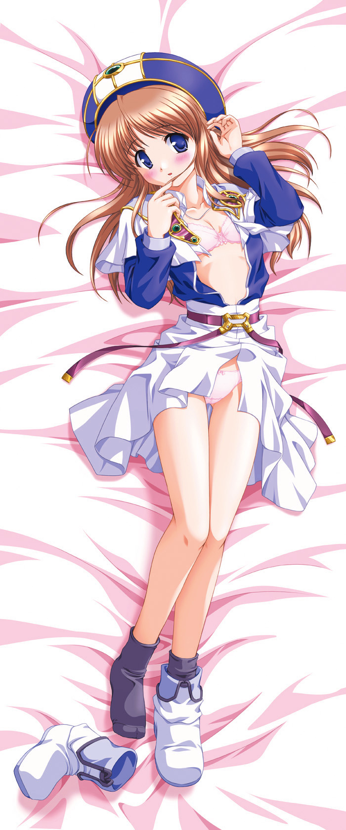bekkankou, sylphy cloud, princess holiday, highres, 00s, 1girl, bed, belt, black socks, blue eyes, blush, bow, bow panties, bra, brown hair, dakimakura (medium), female focus, flat chest, full body, hat, lingerie, long hair, lying, on back, open clothes, open shirt, panties, pink panties, shirt, shoes, skirt, slyphy cloud, socks, solo, thigh gap, thighs, underwear