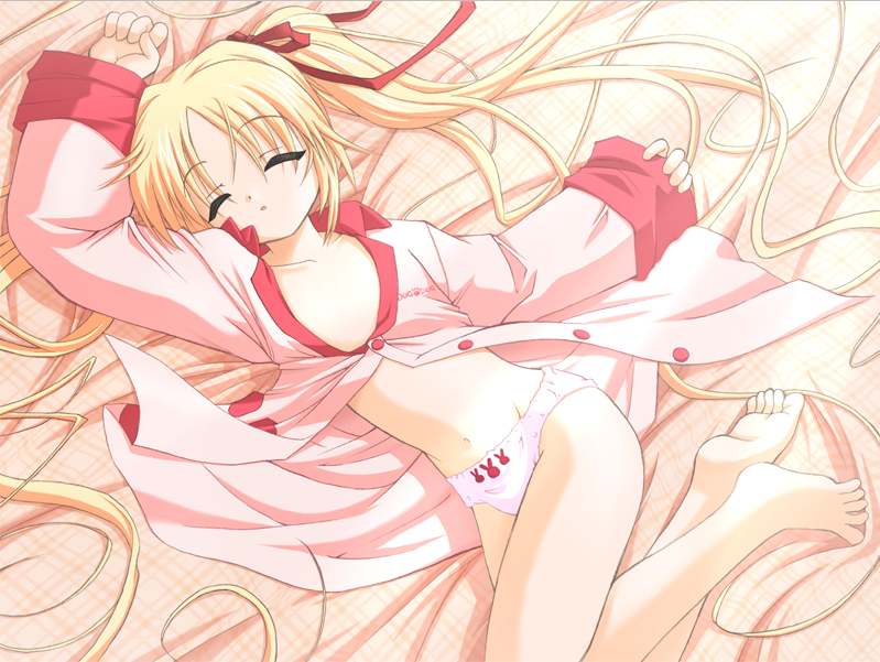 ozawa akifumi, azuki (munekyun!), munekyun! heart de koi shi-te-ru, plaid, game cg, 1girl, animal print, arm up, barefoot, bed, blonde hair, closed eyes, dutch angle, feet, female focus, flat chest, from above, hair ribbon, loli, long hair, lying, no bra, no pants, on back, open clothes, open mouth, open shirt, pajamas, panties, print panties, rabbit panties, rabbit print, ribbon, shirt, sleeping, soles, solo, twintails, unbuttoned, underwear, very long hair, white panties