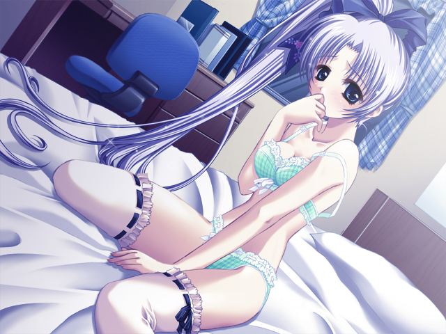 serizawa kokone, one 2 ~eien no yakusoku~, silver hair, game cg, 1girl, bed, bed sheet, bedroom, blue eyes, blue hair, book, bow, bra, chair, curtains, desk, female focus, hair bow, hand to own mouth, indoors, lingerie, long hair, matching hair/eyes, off shoulder, office chair, panties, ponytail, side ponytail, solo, swivel chair, thighhighs, underwear, underwear only, very long hair, white thighhighs, window