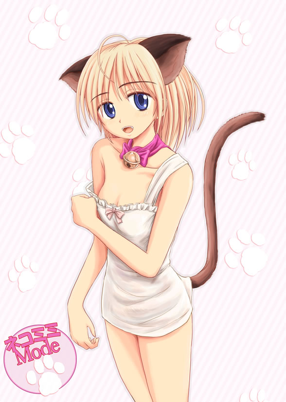 ryp, original, 1girl, ahoge, animal ears, bell, blonde hair, blue eyes, cat ears, cat tail, female focus, jingle bell, lingerie, open mouth, solo, standing, strap slip, tail, teeth, underwear