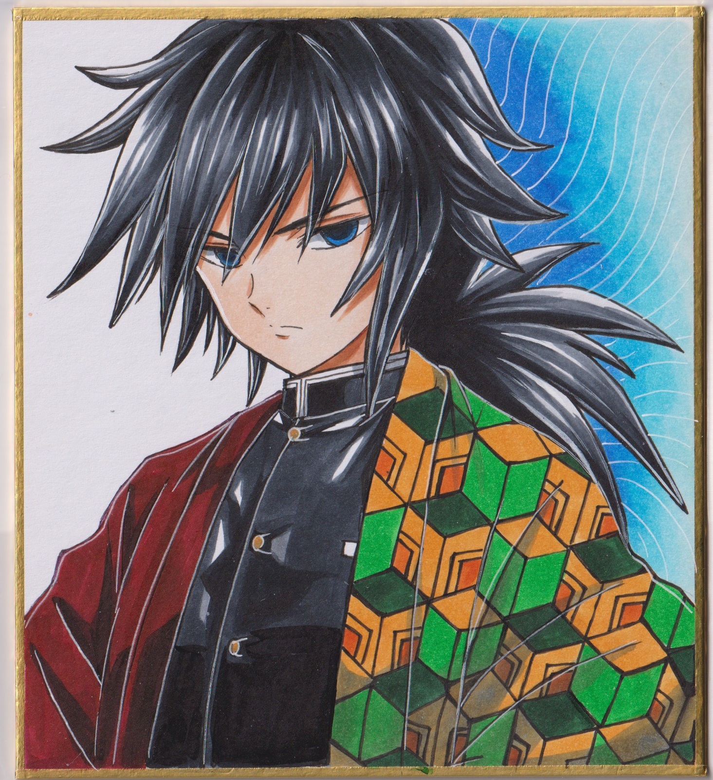 tomioka giyuu, kimetsu no yaiba, commentary, highres, traditional media, 1boy, black hair, black shirt, blue eyes, buttons, chikoto (kztc4472), closed mouth, demon slayer uniform, haori, japanese clothes, long hair, looking at viewer, low ponytail, male focus, ponytail, shirt, solo, upper body