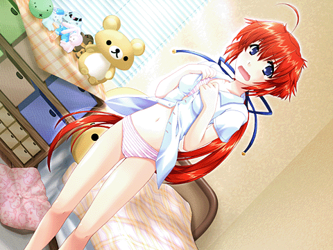 striped, lowres, 1girl, ahoge, bed, bedroom, black eyes, bra, embarrassed, female focus, hair ribbon, indoors, lingerie, long hair, open mouth, panties, ponytail, red hair, ribbon, solo, stuffed animal, stuffed toy, underwear, undressing, very long hair, window blinds