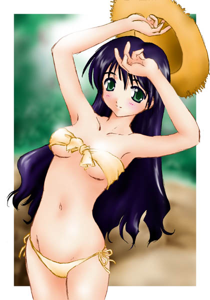 1girl, arms up, bikini, black hair, blue hair, blush, cowboy shot, female focus, front-tie top, green hair, hat, lingerie, long hair, looking at viewer, panties, side-tie bikini bottom, side-tie panties, solo, strapless, straw hat, swimsuit, tube top, underwear