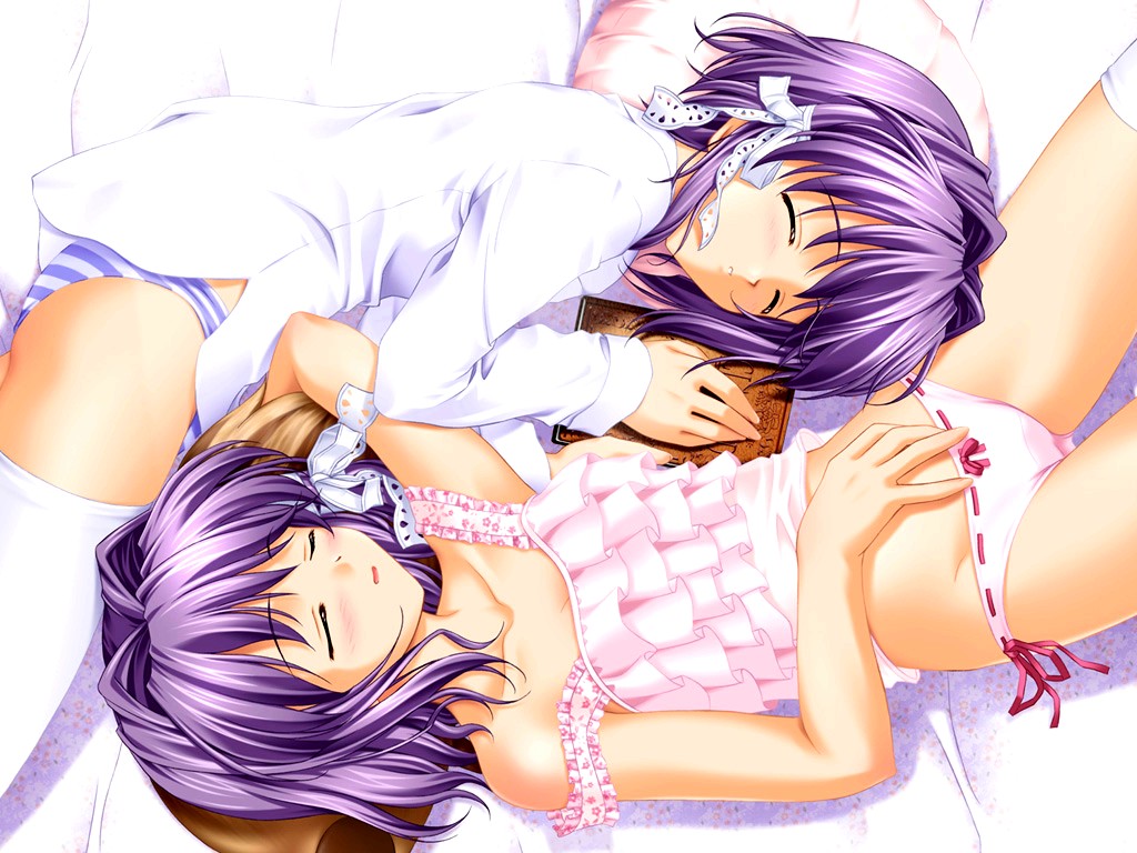 igul, fujibayashi kyou, fujibayashi ryou, clannad, white legwear, spoilers, 00s, 2girls, alternate hair length, alternate hairstyle, bed, blue panties, blush, bow, bow panties, closed eyes, dress shirt, hair ribbon, lingerie, lying, multiple girls, negligee, on back, on side, panties, pink panties, purple hair, ribbon, ribbon-trimmed underwear, ribbon trim, shirt, siblings, sisters, sleeping, strap slip, striped clothes, striped panties, thighhighs, tress ribbon, twins, underwear