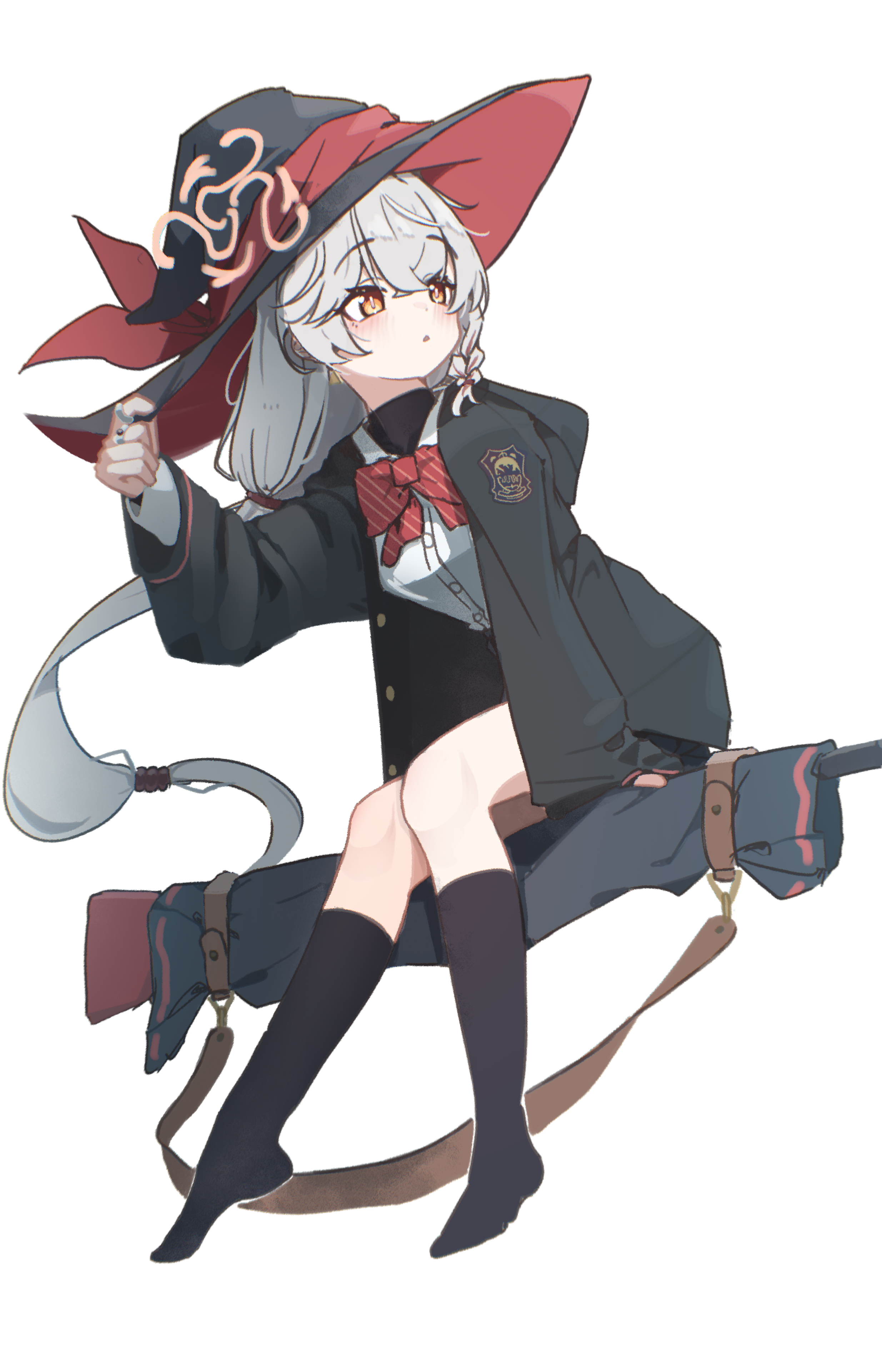 mangotonic, eri (blue archive), blue archive, absurdres, highres, 1girl, :<, black jacket, black socks, bow, bowtie, braid, brown halo, diagonal-striped bow, diagonal-striped bowtie, diagonal-striped clothes, diagonal-striped ribbon, gun, halo, hand on own hat, hat, jacket, jewelry, no shoes, ring, side halo, simple background, sitting on weapon, socks, solo, striped bow, striped bowtie, striped clothes, tilted halo, weapon, white background, white hair, wild hunt academy of arts logo, witch hat, yellow eyes