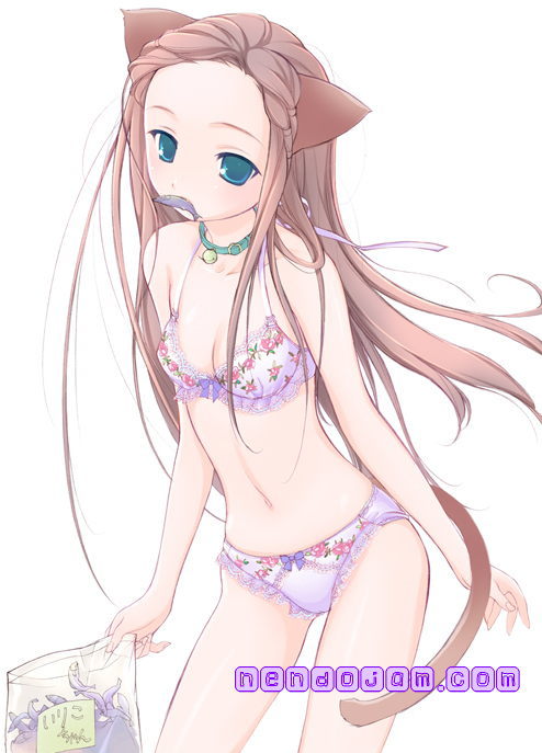 lugosi ela, 1girl, animal ears, blue eyes, bow, bow bra, bow panties, bra, breasts, cat ears, cat tail, cleavage, collar, female focus, fish, flat chest, lingerie, long hair, mouth hold, panties, pink hair, purple panties, small breasts, solo, tail, underwear, underwear only, very long hair