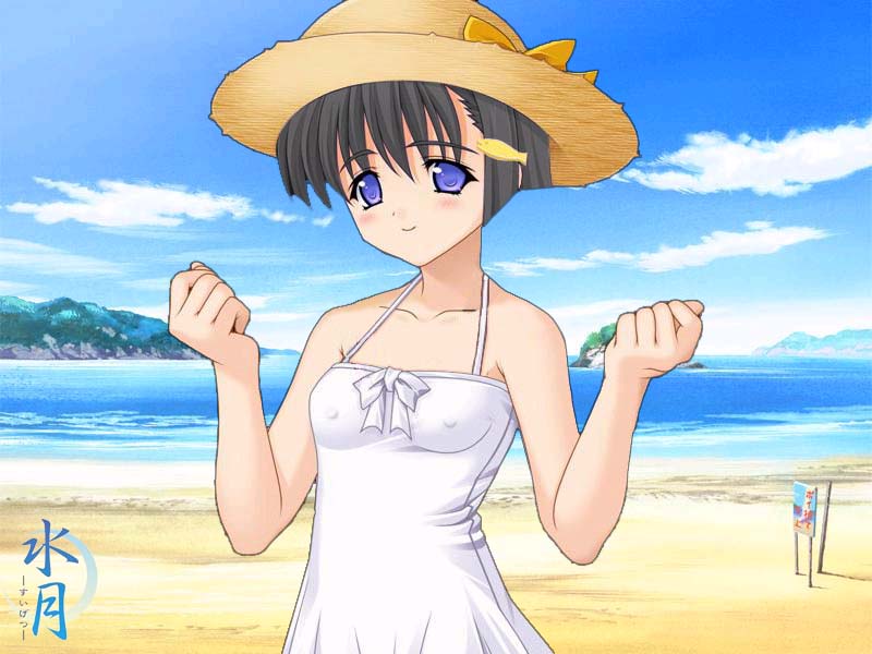 isawa tae, lamune, suigetsu, game cg, third-party edit, 00s, 1girl, bare shoulders, beach, black hair, blue eyes, blush, breasts, clenched hand, clenched hands, cloud, covered erect nipples, day, dress, female focus, fish, flat chest, forearms at chest, hair ornament, hairclip, hat, outdoors, short hair, sky, small breasts, smile, solo, straw hat, water