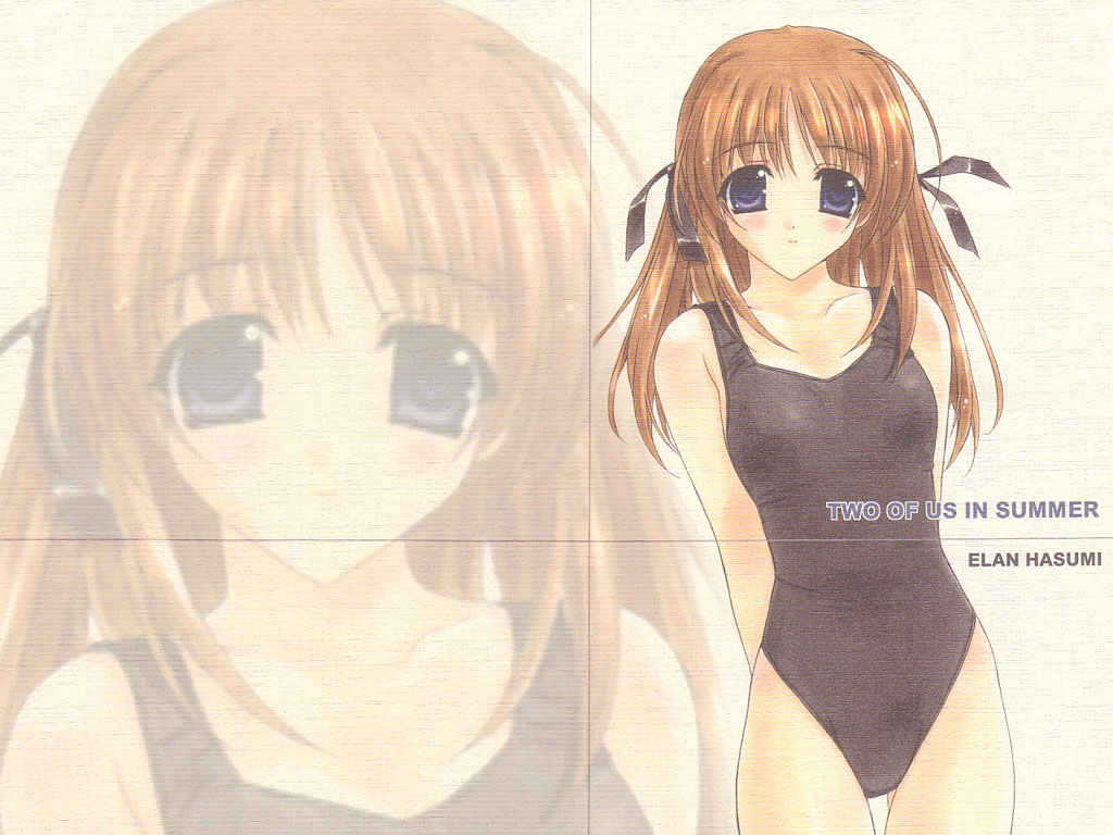 hasumi elan, 1girl, arms behind back, black one-piece swimsuit, blush, breasts, brown hair, collarbone, female focus, hair ribbon, long hair, looking at viewer, one-piece swimsuit, purple eyes, ribbon, school swimsuit, small breasts, solo, standing, swimsuit