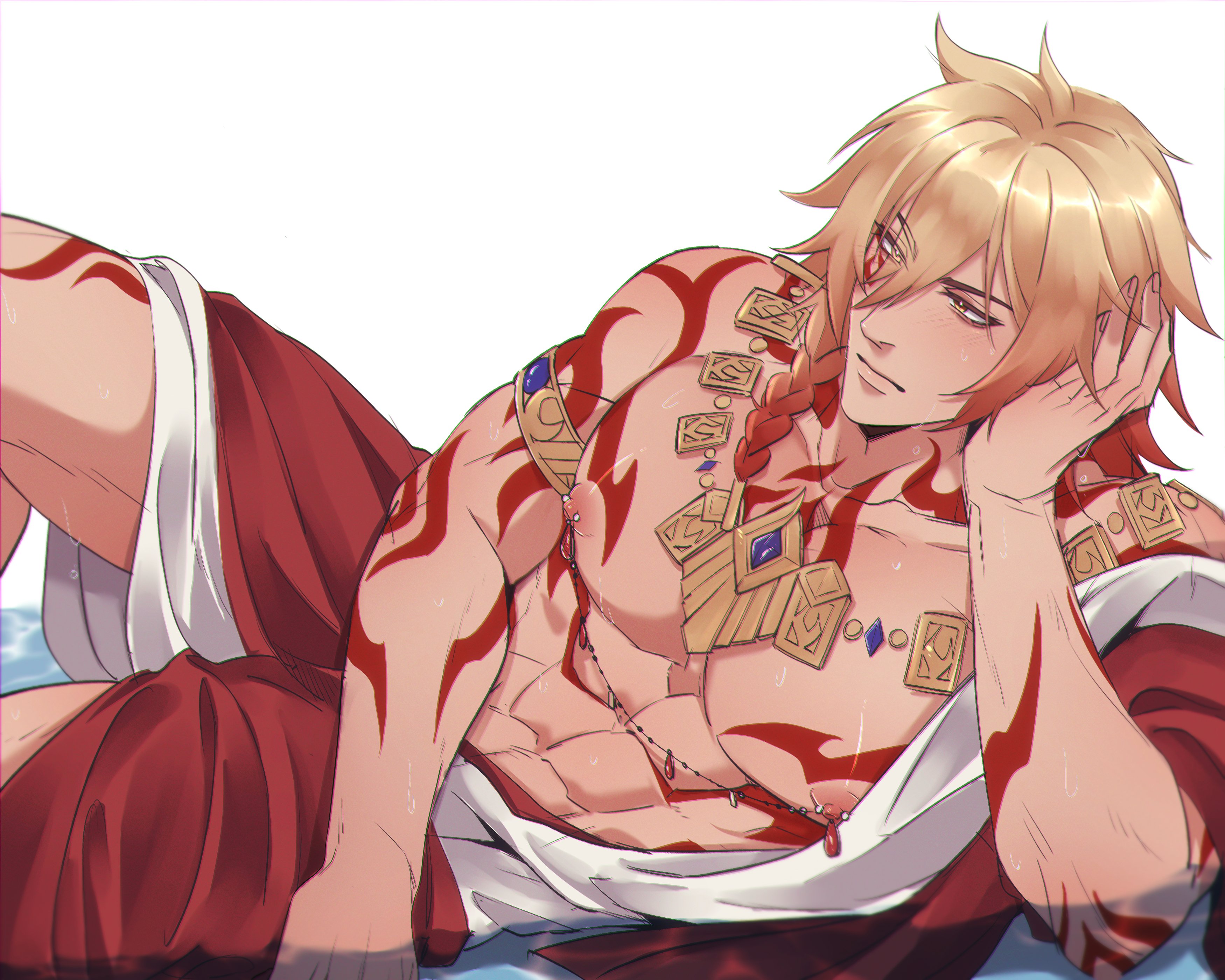 mydei (honkai: star rail), honkai: star rail, honkai (series), absurdres, hashtag-only commentary, highres, 1boy, abs, arm tattoo, bare pectorals, blonde hair, braid, chest tattoo, facial tattoo, gold necklace, gradient hair, hair between eyes, head rest, jewelry, large pectorals, male focus, medium hair, multicolored hair, muscular, muscular male, necklace, nipple chain, open clothes, open robe, pectorals, red hair, red robe, red tattoo, rhoioho, robe, side braid, simple background, solo, tattoo, white background, yellow eyes