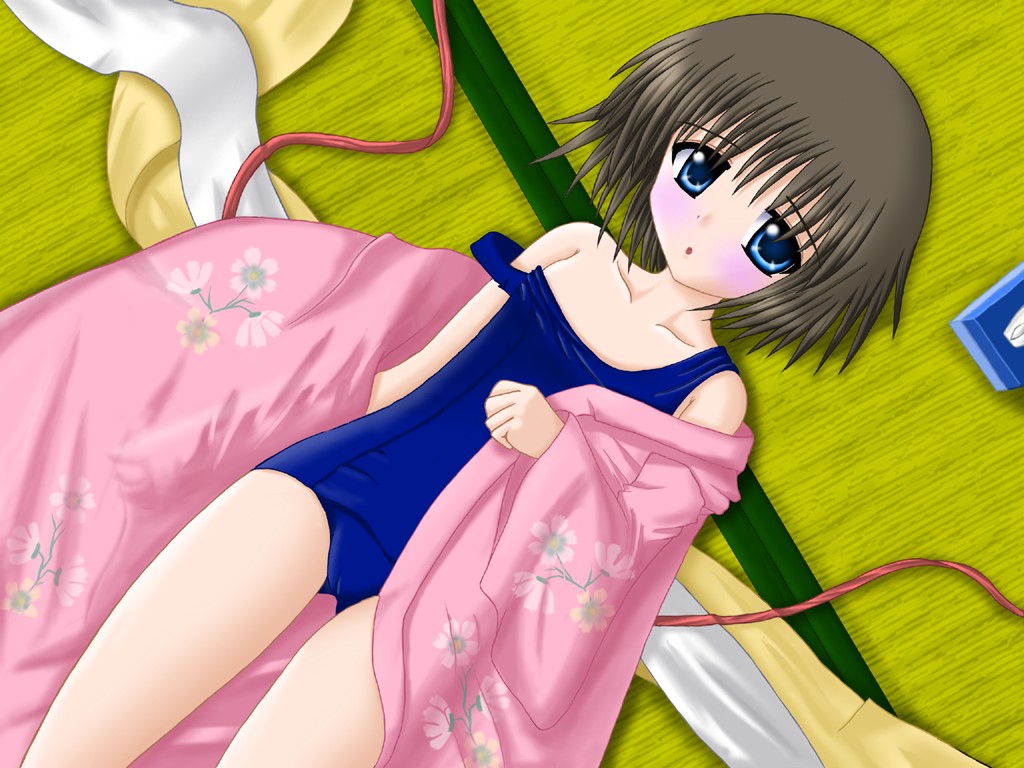 artist request, copyright request, 1girl, black hair, blue eyes, blush, cameltoe, female focus, japanese clothes, loli, one-piece swimsuit, school swimsuit, short hair, solo, strap slip, swimsuit, tissue box