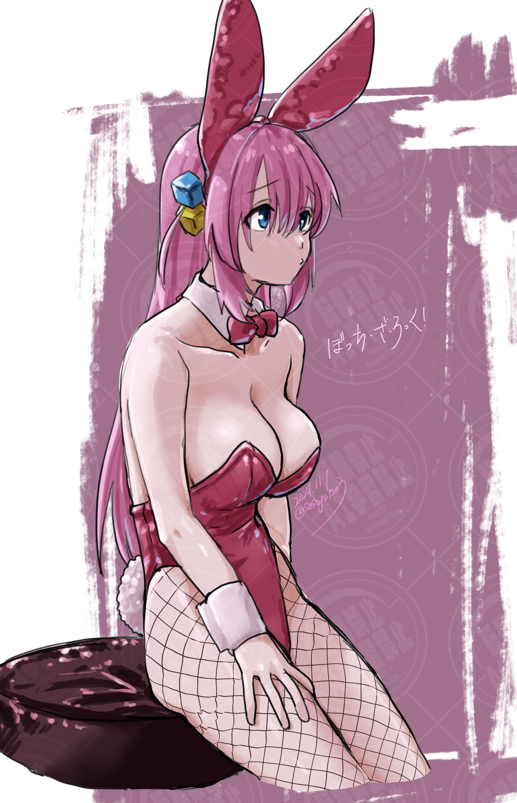 remya, gotoh hitori, bocchi the rock!, absurdres, highres, 1girl, animal ear hairband, animal ears, blue eyes, bow, bowtie, breasts, cleavage, collarbone, cube hair ornament, detached collar, fake animal ears, fake tail, fishnet pantyhose, fishnets, hair ornament, hairband, hand on own thigh, leotard, long hair, looking to the side, pantyhose, pink bow, pink bowtie, pink hair, pink leotard, playboy bunny, rabbit ear hairband, rabbit ears, rabbit tail, sitting, solo, strapless, strapless leotard, tail, wrist cuffs