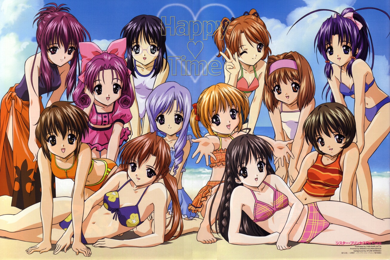 nitta yasunari, aria (sister princess), chikage (sister princess), haruka (sister princess), hinako (sister princess), kaho (sister princess), karen (sister princess), mamoru (sister princess), marie (sister princess), rinrin (sister princess), sakuya (sister princess), shirayuki (sister princess), yotsuba (sister princess), sister princess, frilled swimsuit, official art, 00s, 6+girls, all fours, arm support, bare shoulders, barefoot, beach, bikini, black eyes, black hair, blue bikini, blue eyes, blue hair, blue skirt, braid, breasts, brown eyes, brown hair, collarbone, crop top, day, everyone, feet, female focus, floral print, flower, frilled bikini, frilled skirt, frills, glasses, hairband, leaning forward, long hair, lying, midriff, multiple girls, navel, ocean, on side, one-piece swimsuit, one eye closed, open mouth, orange one-piece swimsuit, orange skirt, outdoors, pink skirt, ponytail, puffy short sleeves, puffy sleeves, purple hair, rimless eyewear, sand, sarong, shirt, short hair, short sleeves, short twintails, side slit, sitting, skirt, sleeveless, small breasts, smile, standing, striped bikini, striped clothes, striped shirt, swimsuit, tank top, tankini, thigh gap, toes, twintails, v, water, white one-piece swimsuit, wink