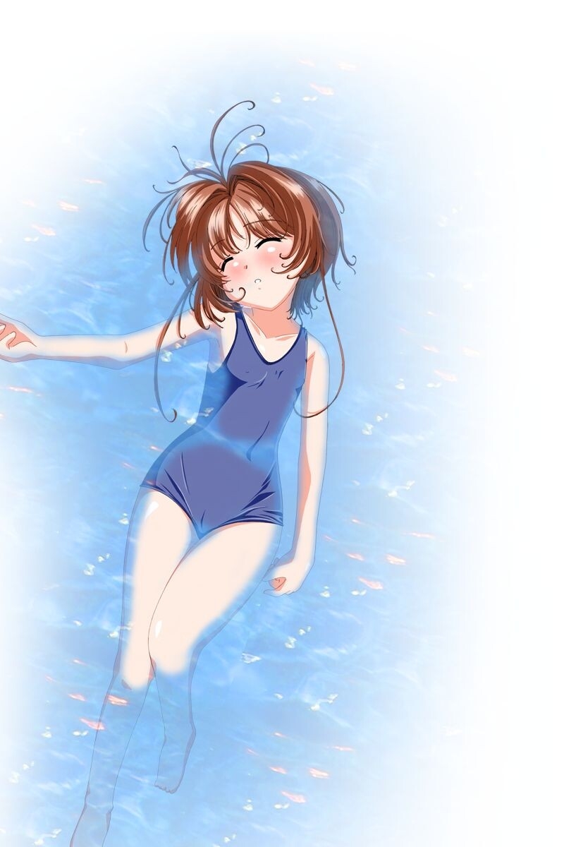 kinomoto sakura, cardcaptor sakura, highres, 1990s (style), 1girl, blush, closed eyes, female focus, one-piece swimsuit, retro artstyle, school swimsuit, solo, swimsuit, unconscious